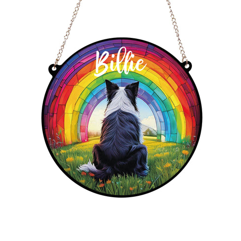 Border Collie Rainbow Bridge Personalised Stained Glass Effect Suncatcher